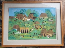 Merle Reivich Mexican-American Naive Folk Art Village Scene Original Painting 