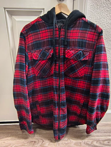Slate Operations Hooded Lined Puffer Jacket Red/Black Plaid Full Zip M - product listing photo