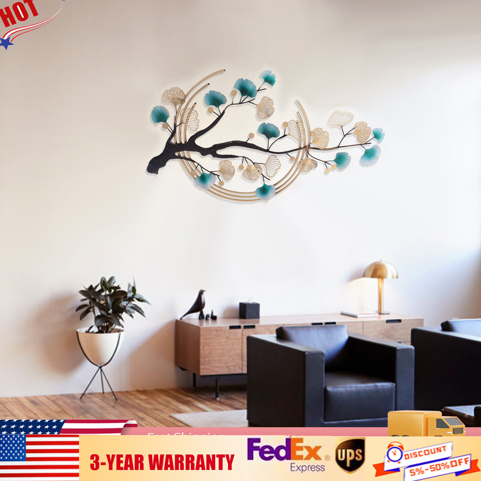 Modern Luxury Metal Wall Nature Art 3D Ginkgo Tree Leaf Metal Wall Decoration