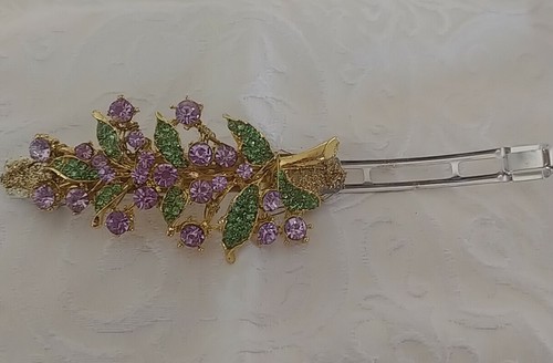Purple Green Austrian Crystal Rhinestone Gold Branch French Hair Barrette Gift - Picture 4 of 7