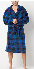 NWT St. John's Bay Mens Long Length Fleece Hooded Bath Robe Blue Plaid XL/2X