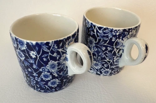 Vintage Staffordshire England Crownford Calico Blue Coffee MUGS lot of 2