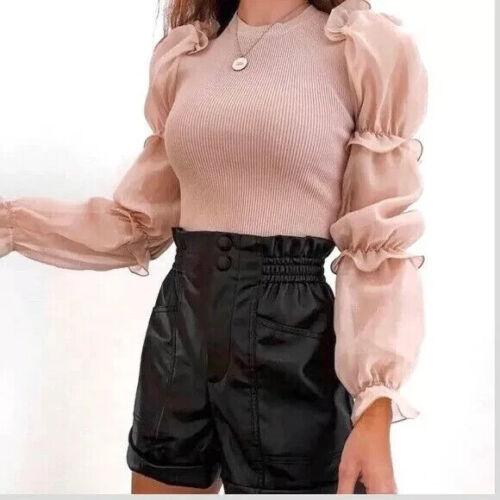 ZARA Pink Ribbed Knit Contrast Organza Puff Sleeve Blouse Top M 2142/021/687 - Picture 2 of 15