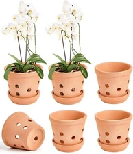 Vensovo 4 Inch Terracotta Orchid Pots with Holes and Saucers - 6 Pcs Small Clay 