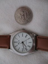 PCA Roman Numeral Watch, White Dial, Brown Buckle Band