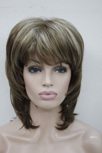 medium length light brown w/ blond highlight layered 15" long synthetic full wig - Picture 1 of 5