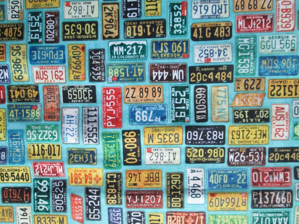 RETRO LICENSE PLATES HISTORICAL ROUTE 66 VIBRANT COLORS BLUE COTTON FABRIC FQ - Image 3 of 4