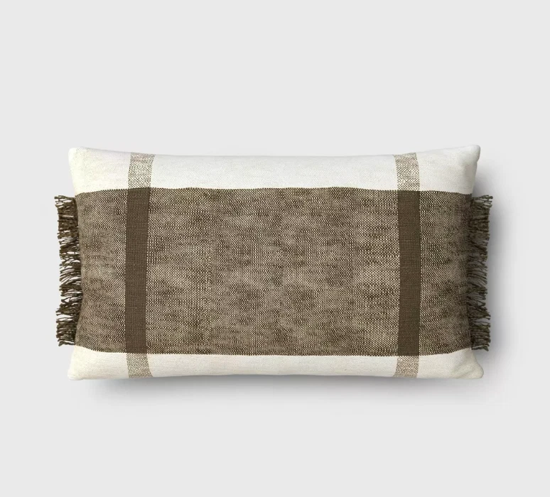 Oversized Textured Woven Cotton Striped Lumbar Throw Pillow Ivory Dark Olive