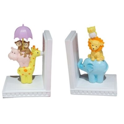 Set of Two Heavy Bookends With Multicolored Animal Figures 6x5x3.5 In