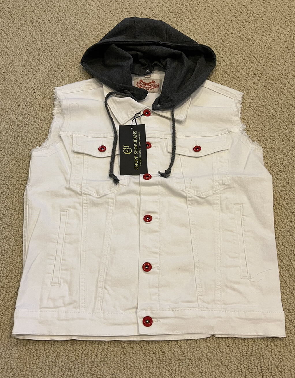 NWT Men's Chopp Shop Jeans White Convertible Hood Denim Vest ALL SIZES