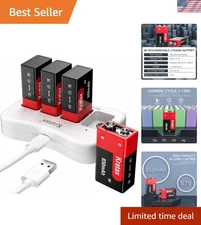 9V Rechargeable Batteries 4-Pack - 850mAh High Capacity Lithium with Fast Cha...