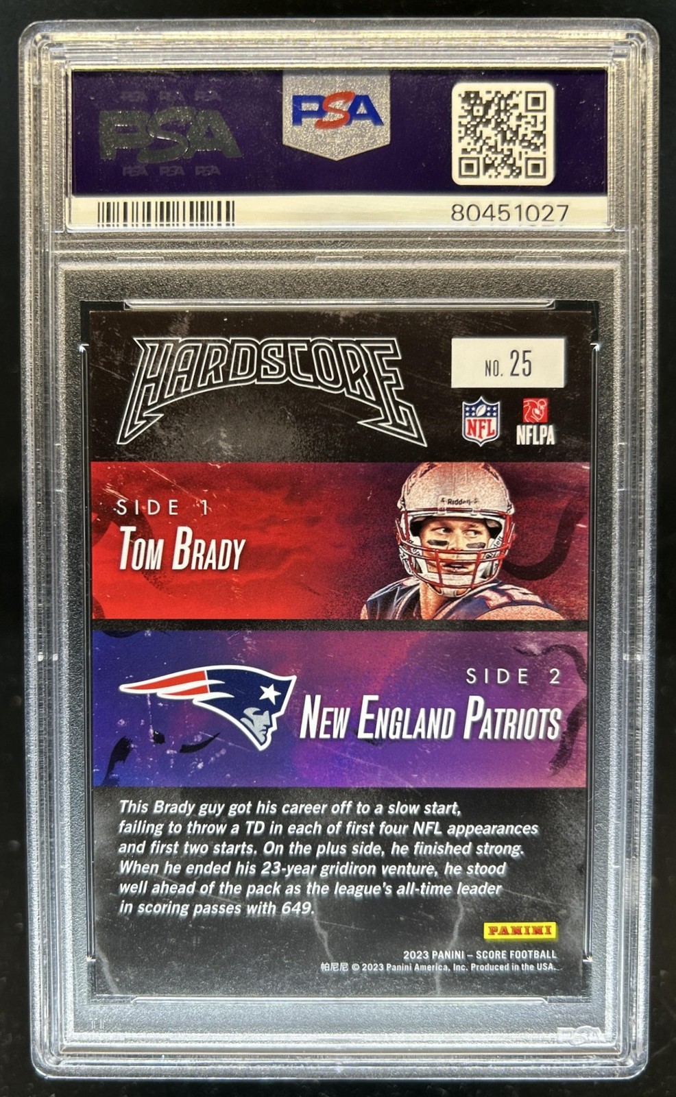 2023 Panini Score Tom Brady Hardscore #25 Patriots PSA 8 view 2