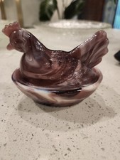 Vintage Glass Hen on Nest Covered Dishes - Purple Slag & Green Satin Pair — listing 2