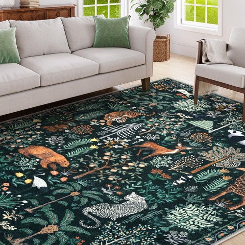Jungle Print 5x7 Area Rugs Washable, Green Christmas Living Room Non Slip, Lo... - Picture 6 of 8
