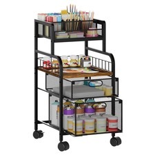 Rolling Cart with Drawers - Metal Craft Cart with Wheels, Wood Shelf - Art