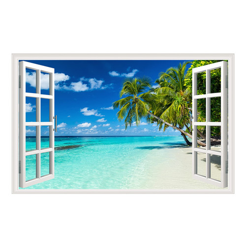 Beach Seascape Wall Sticker Tropical Beach Fake Window Wall Stickers Palm Tre...