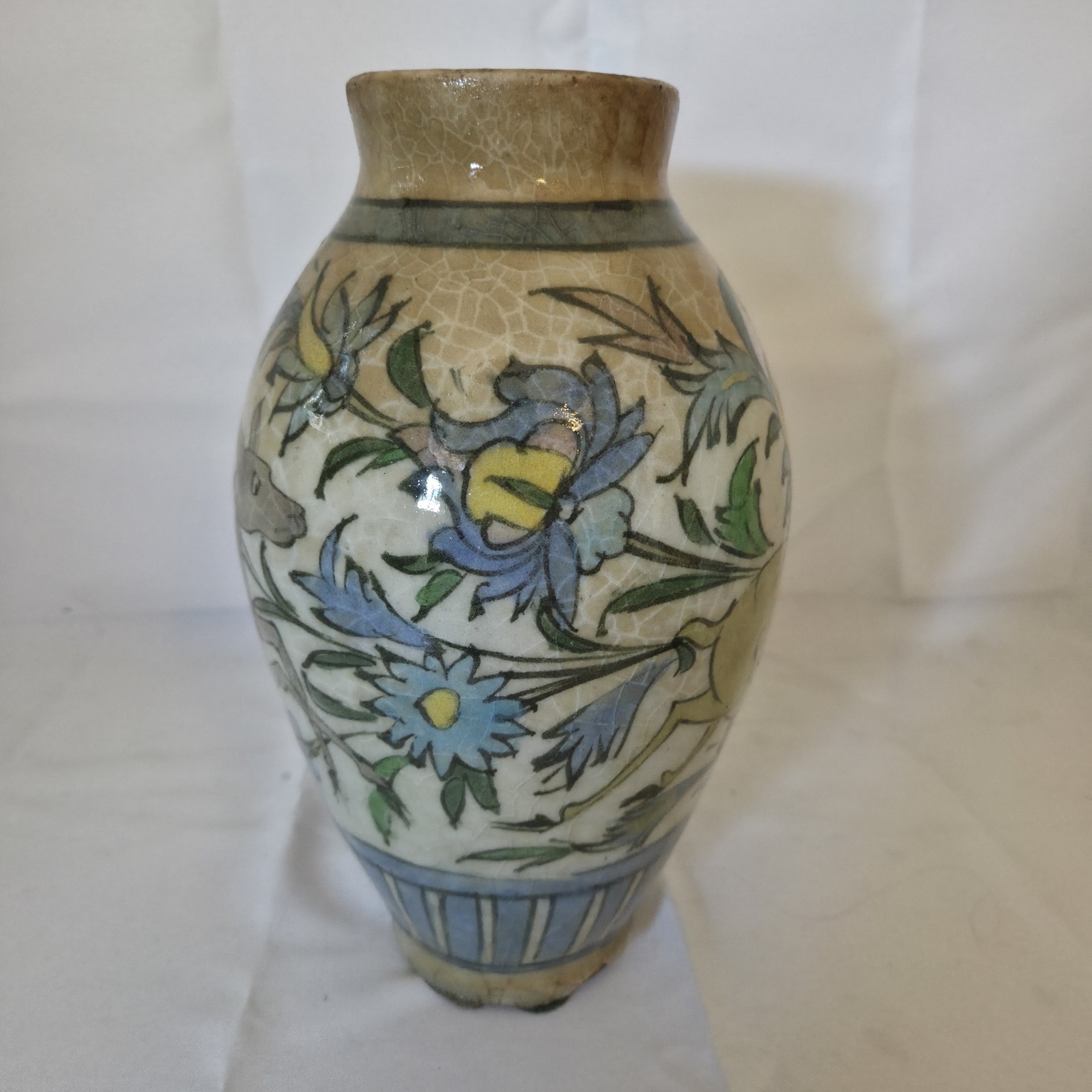 Antique Persian Middle Eastern Qajar Pottery Vase Jar Gazelle Flowers 