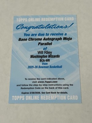 2025-26 Bowman Chrome Mega Box Will Riley Mojo Rookie Auto Wizards SP