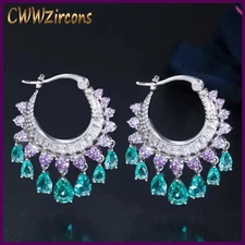 CWWZircons Elegant Purple Blue CZ Crystal Dangle Water Drop Tassel Hoop Earrings