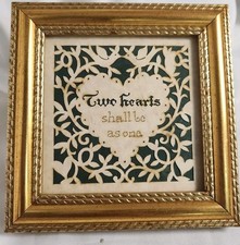 Paper cut Scherenschnitte framed art TWO HEARTS SHALL BE AS ONE birds 5" x 5"