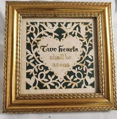 Paper cut Scherenschnitte framed art TWO HEARTS SHALL BE AS ONE birds 5'' x 5''