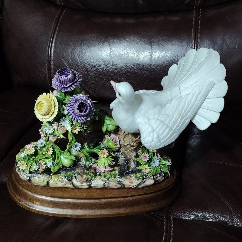 Porcelain Dove Figurine with Colorful Flowers on Wooden Base