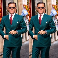 Teal Men's Suits Wide Peak Lapel Tuxedos Double Breasted Formal Blazers Pants