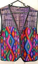 Vtg Guatemala Huipil Embroidered Vest Purple Rainbow Diamond Boho Hippie S/M