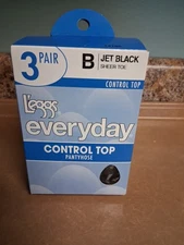Leggs Size B Everyday Control Top Pantyhose Jet Black Sheer Toe 3 Pair 2004 New