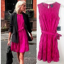 NWT Vera Wang Smocked Neck Mini Dress Sheer Bright Pink Small Chic Embroidered