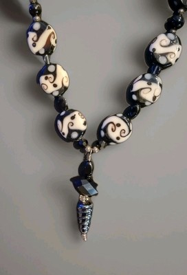 Handmade Artisan Glass Lampwork Black & White Bead & Pendant Necklace 16'' U056