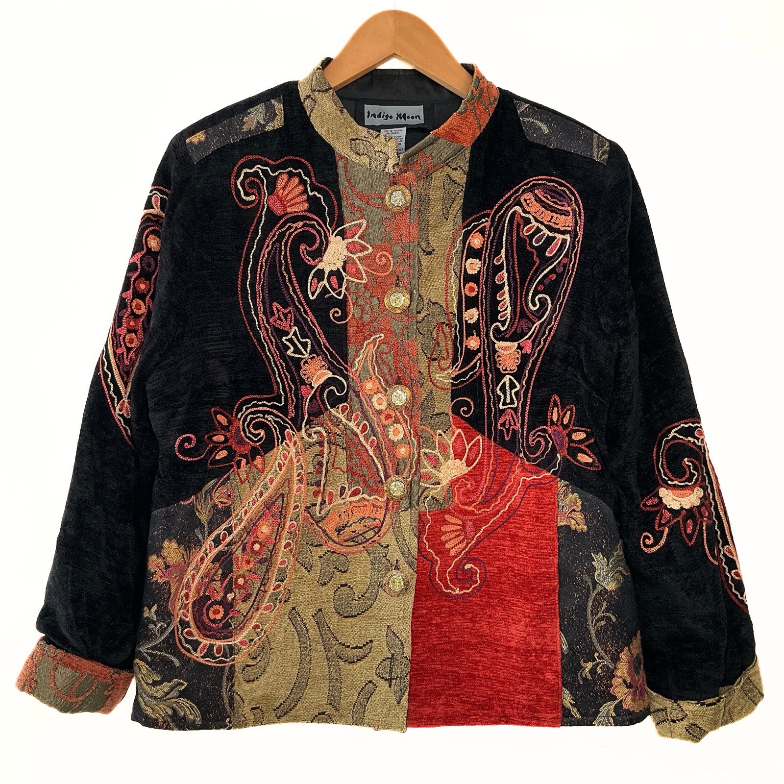 Vintage Indigo Moon Tapestry Embroidered Button Up Jacket Womens SZ XS Art Deco