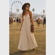 Japna Women's L Cream Boho Linen Blend Maxi Dress Beaded Straps Festival #16