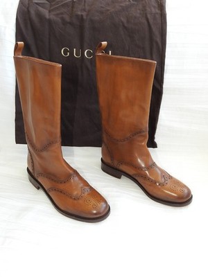 GUCCI Leather Boots Brown 39.5 9 Made in Italy NEW