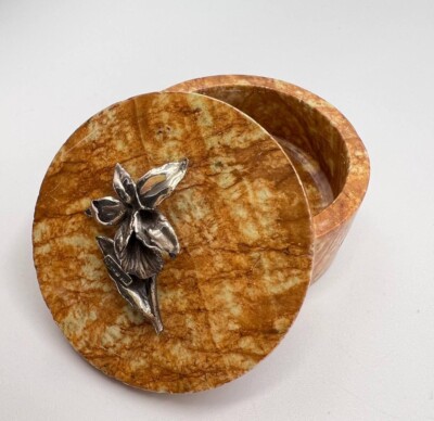 Vintage .800 Silver Trinket Jewelry Box Orchid Yellow Stone Italy 2.3'' Marked