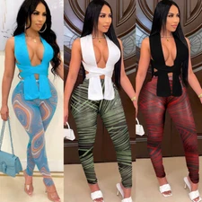 Sexy Women's Open Front Sleeveless Irregular Top+Print Mesh Pants Set 2pcs Club