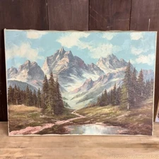 Oil Painting American West Mountains Walking Trail Pine Trees Pond on Canvas