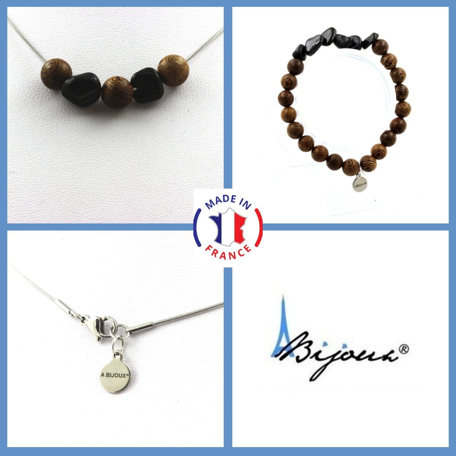 Parure perles bois 8mm et tourmaline noire schorl pour homme et femme en taille P