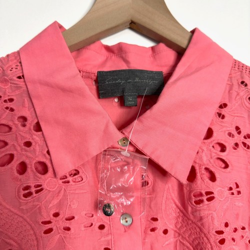 SUNDAY IN BROOKLYN Eyelet Embroidered Button Down Shirt Tunic Pink size XL NWOT - Picture 6 of 6