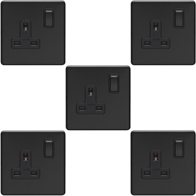 5er Pack 1 Gang DP 13A geschaltet UK Stecker Steckdose SCHRAUBENLOS MATT SCHWARZ Wand Strom