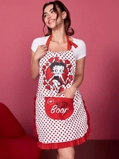New BETTY BOOP Apron RED Ruffle Trim POLKA DOTS Baking BBQ COOKING Hearts Pocket