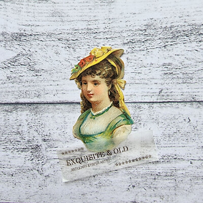 um 1900 Mädchen Frau Hut Mode Blume Victorian Oblate Prägedruck Luxuspapier Deko