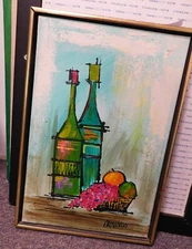 PAINTING, WINE BOTTLE, FRUIT, ARMNDO, SMALL, GRAPES, ORGANG, LIME