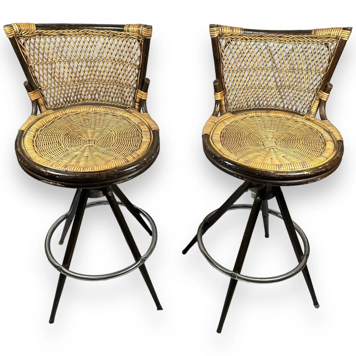 MCM Wicker Rattan Swivel Bar Stool Set 2 Vintage Chairs Mid Century Modern 70s