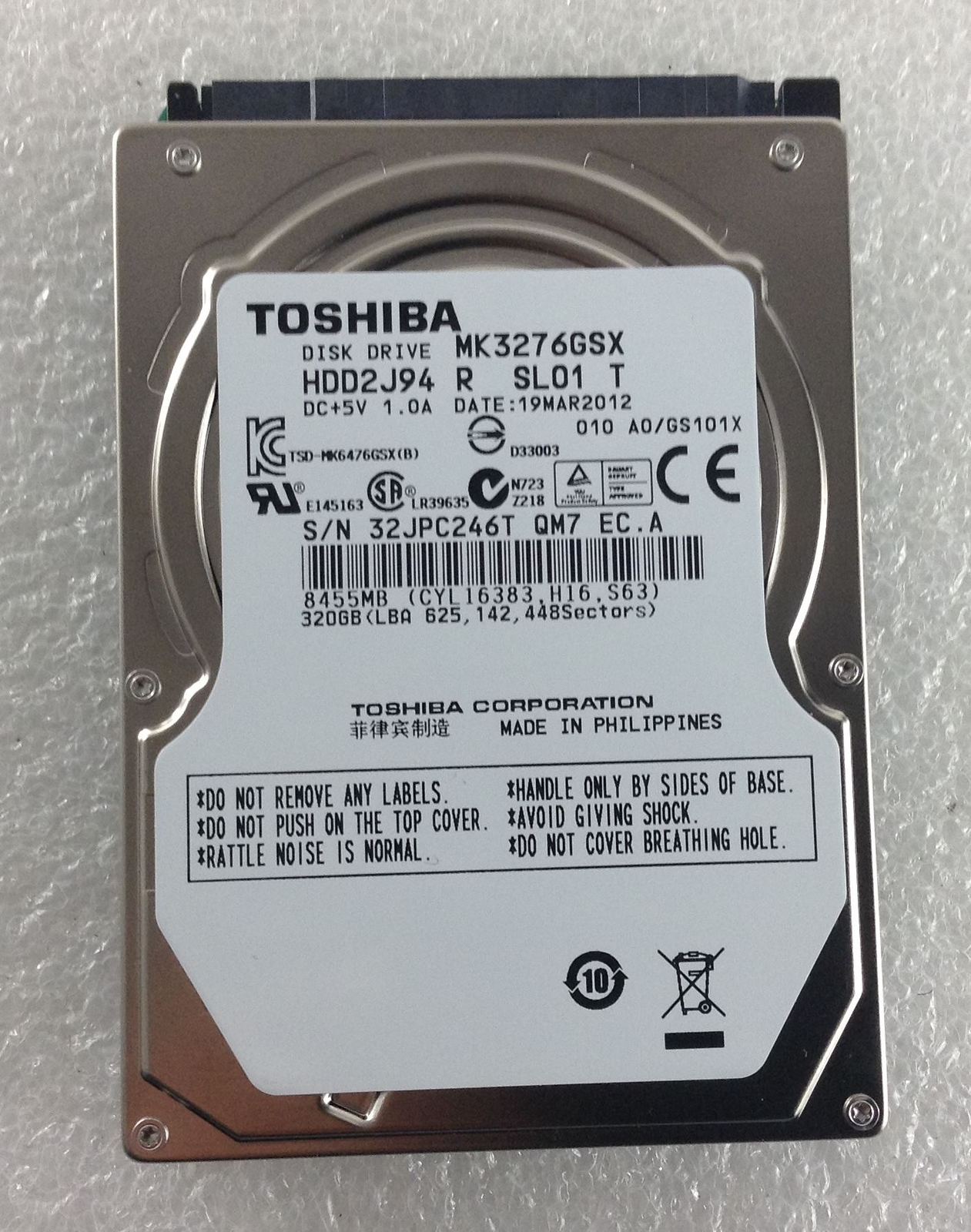 Sony Vaio PCG 5J5M VGN CR21S HDD Hard Disk Drive 320GB 320 GB SATA MK3276GSX