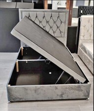 Velvet Ottoman Gaslift Divan Storage Bed Base and Floorstanding Headboard