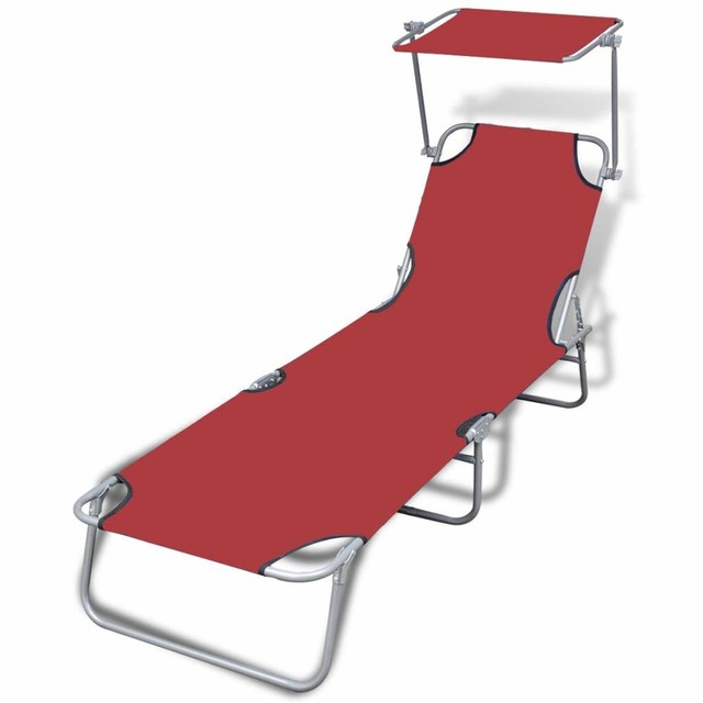 Red Outdoor Foldable Sun Lounger Bed Reclining Beach Chair Shade Roof Fabric For Sale Online Ebay