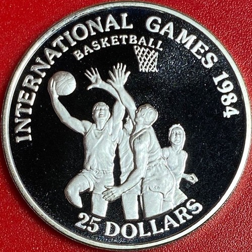 1984 LIBERIA $25 SILVER DEEP CAMEO PROOF BASKETBALL PLAYERS SPORT GAME RARE COIN - Picture 2 of 4