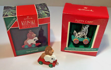 2 Hallmark Miniature Wood Christmas Ornaments 1990 Lion Lamb 1989 Puppy Cart
