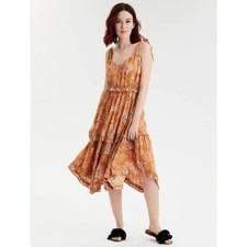 American Eagle Midi Dress Mustard Yellow Floral Tie Strap Tiered Asymmetrical S